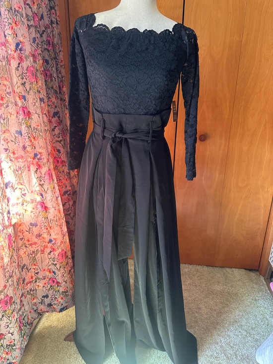 Express Pants - Elegant Black Lace Long-Sleeve Evening jumpsuit